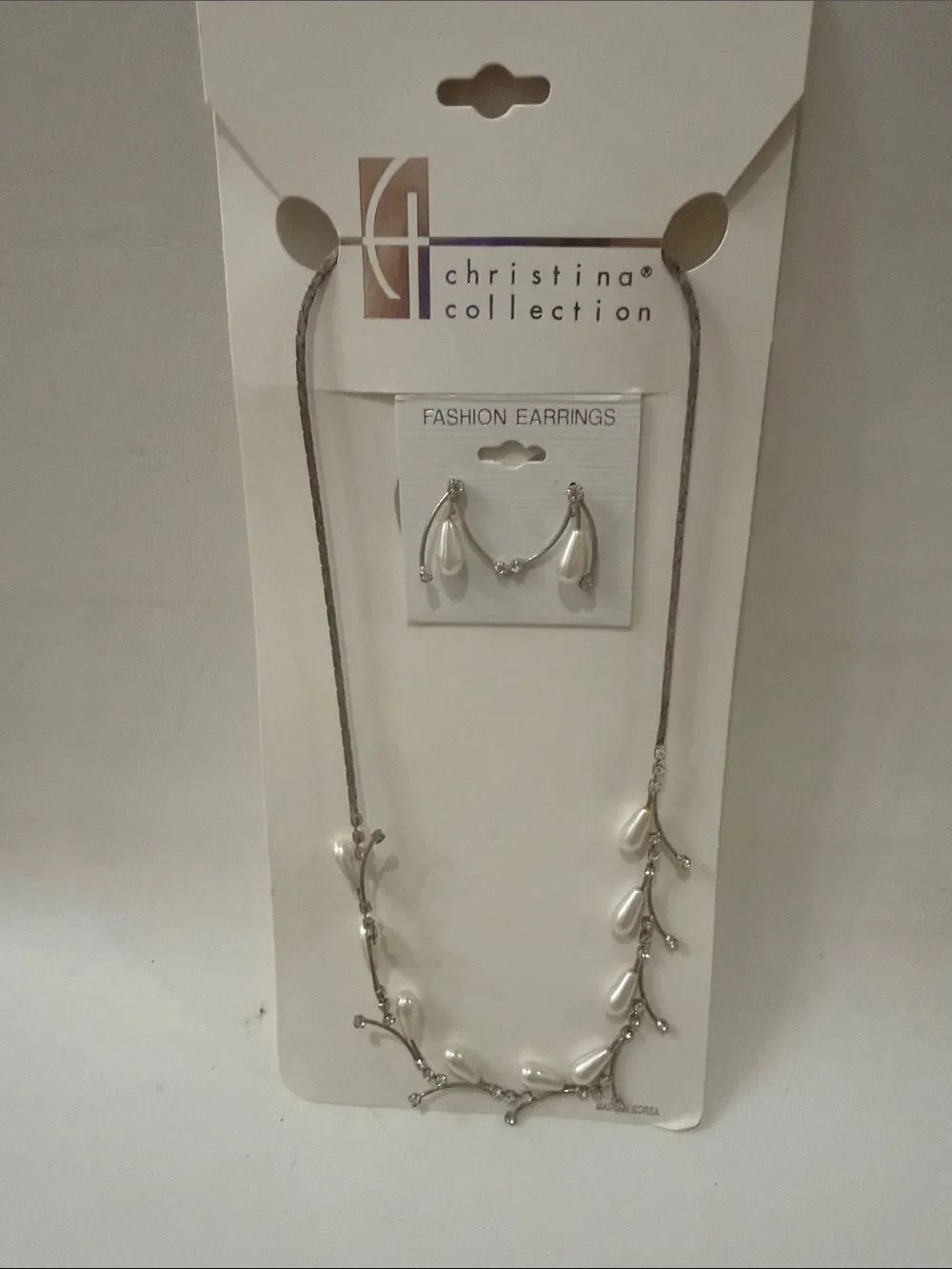 Christina Pearl Necklace Floral Rhinestone Earrings White Silver Adjustable